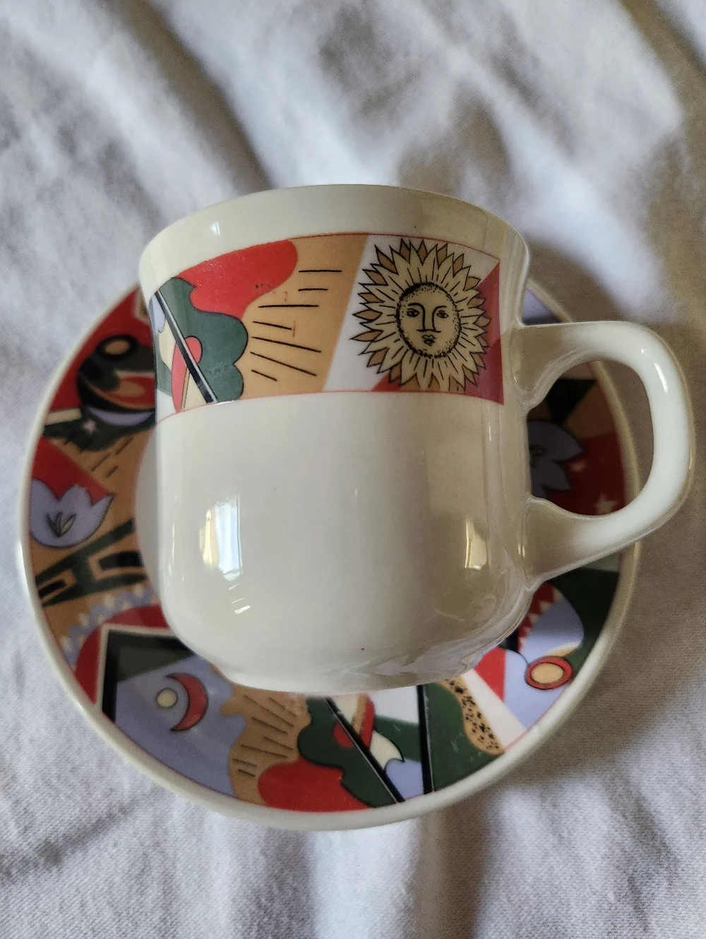 Vintage SUNFLOWER Abstract Espresso Cups Saucer Geometric Sun Print Celestial